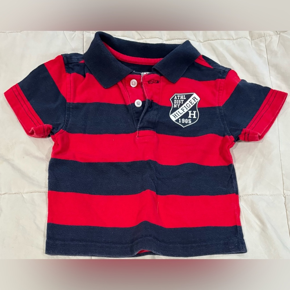 Kids Tommy Hilfiger Red and Blue Striped Rugby Shirt - Size 9 Months